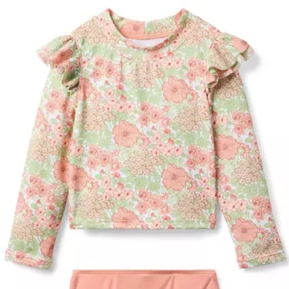 Janie and Jack Girl Rosy Coral Floral Pink and Green Ruffle Rashguard size 5
